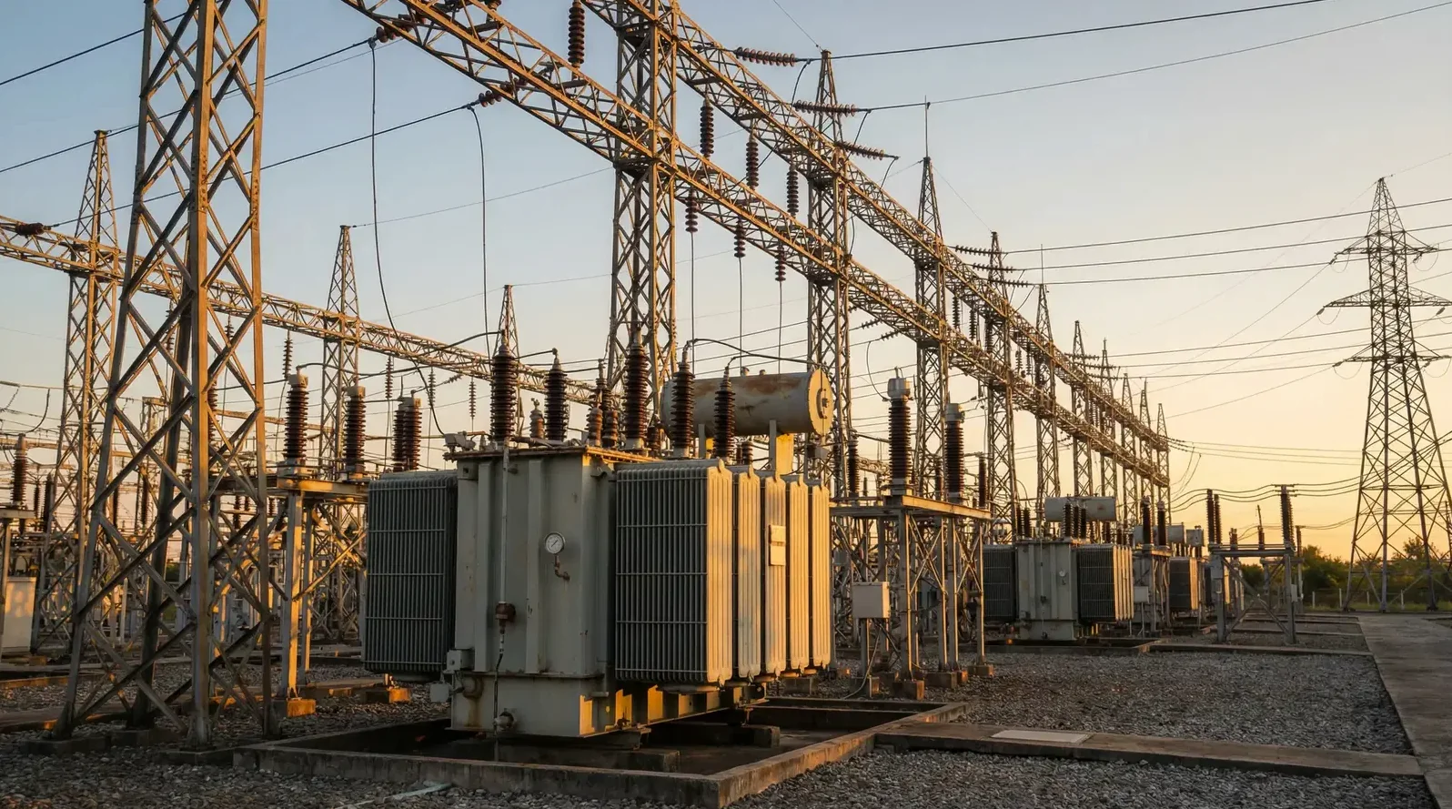 An electrical distribution substation at dusk