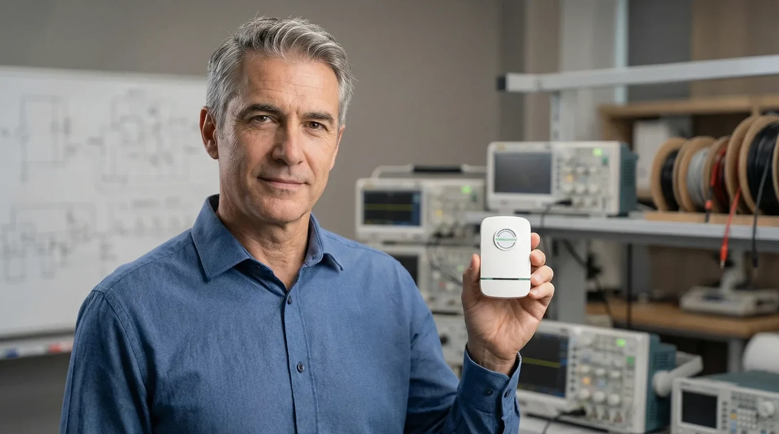 A technician holding the compact plug-in unit in a workshop