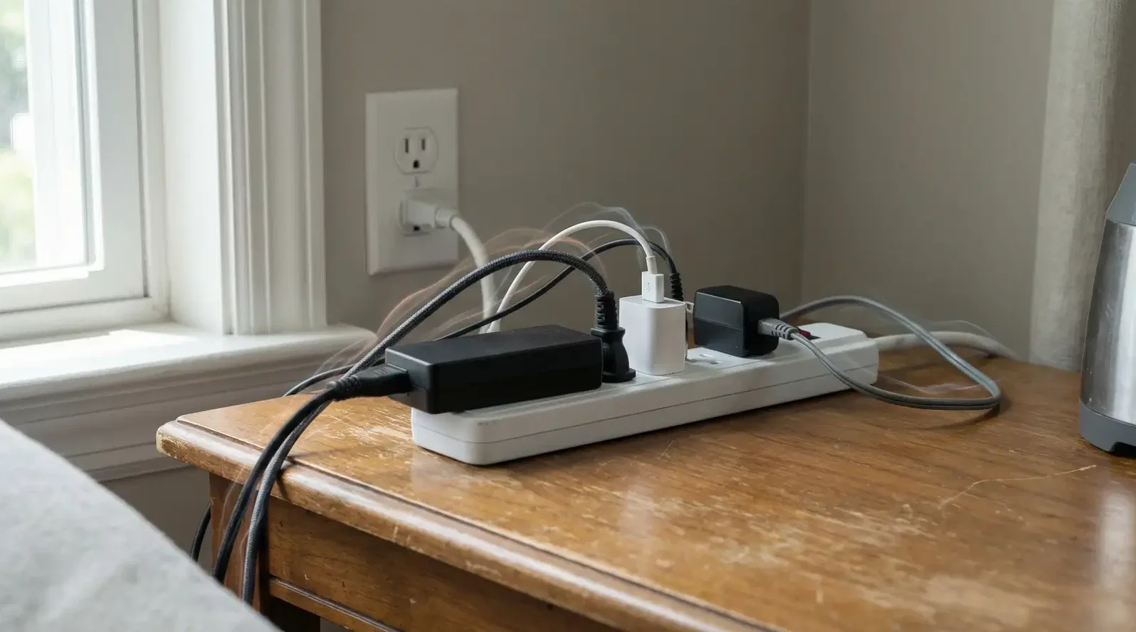 A typical home power strip with several everyday devices plugged in